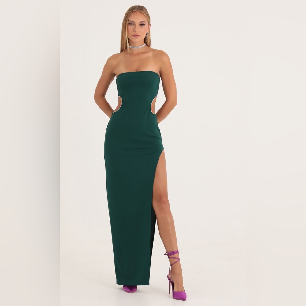 Lucy in the Sky Rhinestone Cutout Green Maxi Dress Strapless Women’s Small